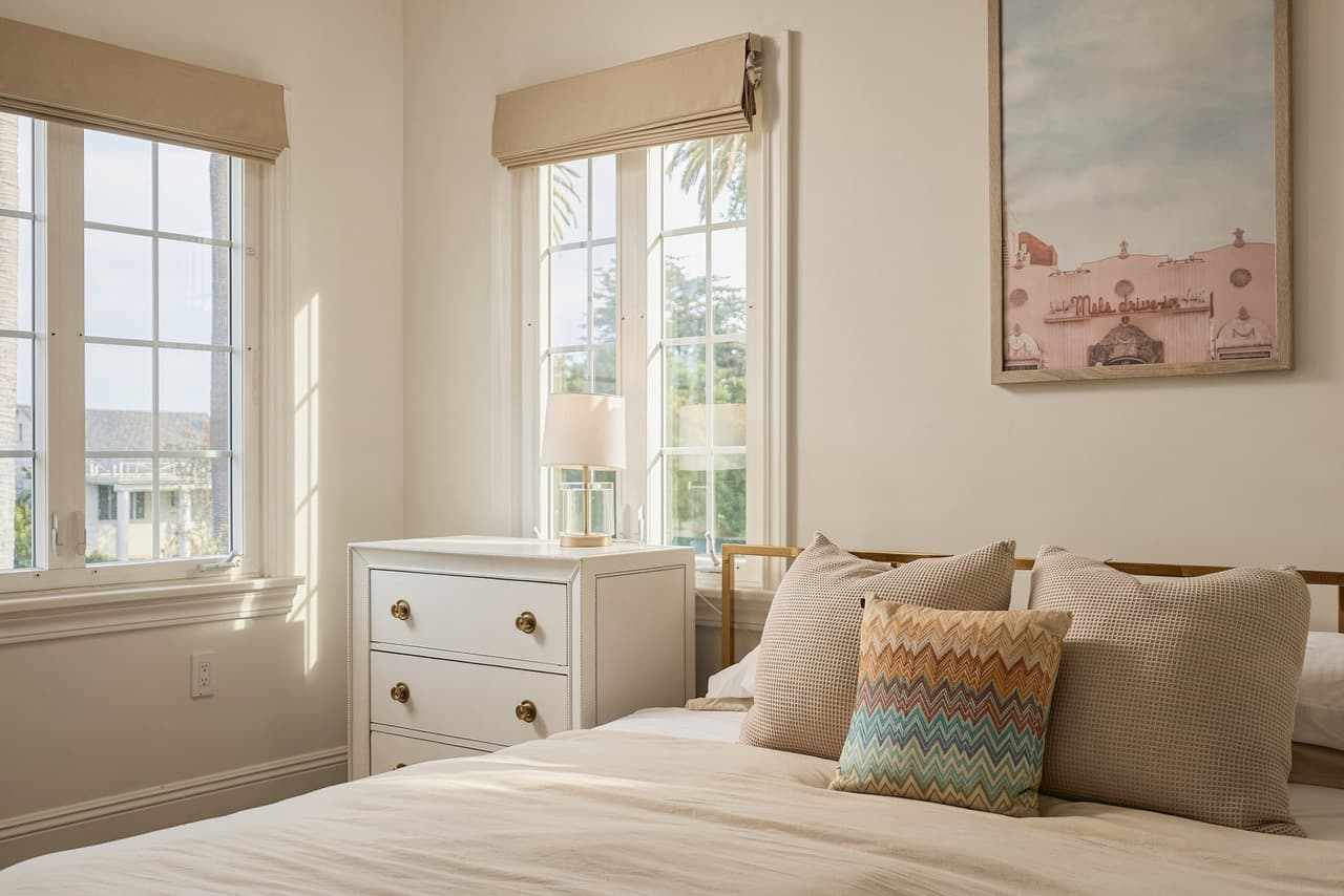 Bedroom with a window seat in morning light