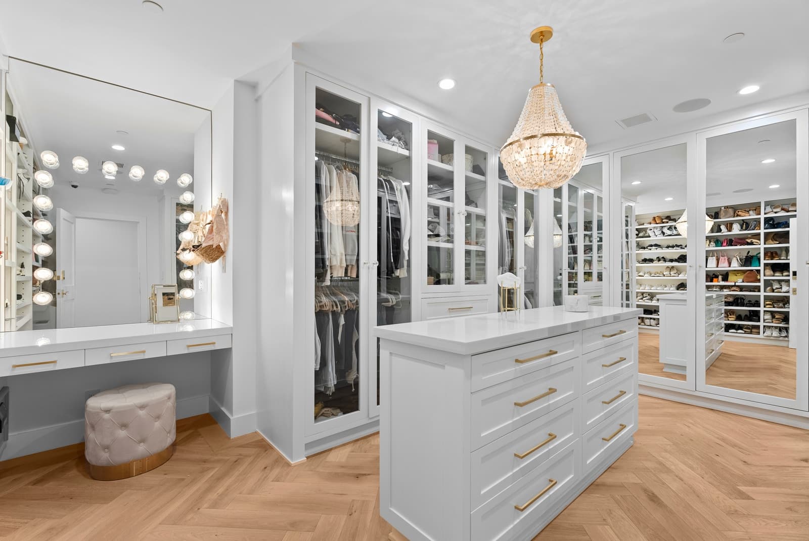 A dressing room built around a vanity island.