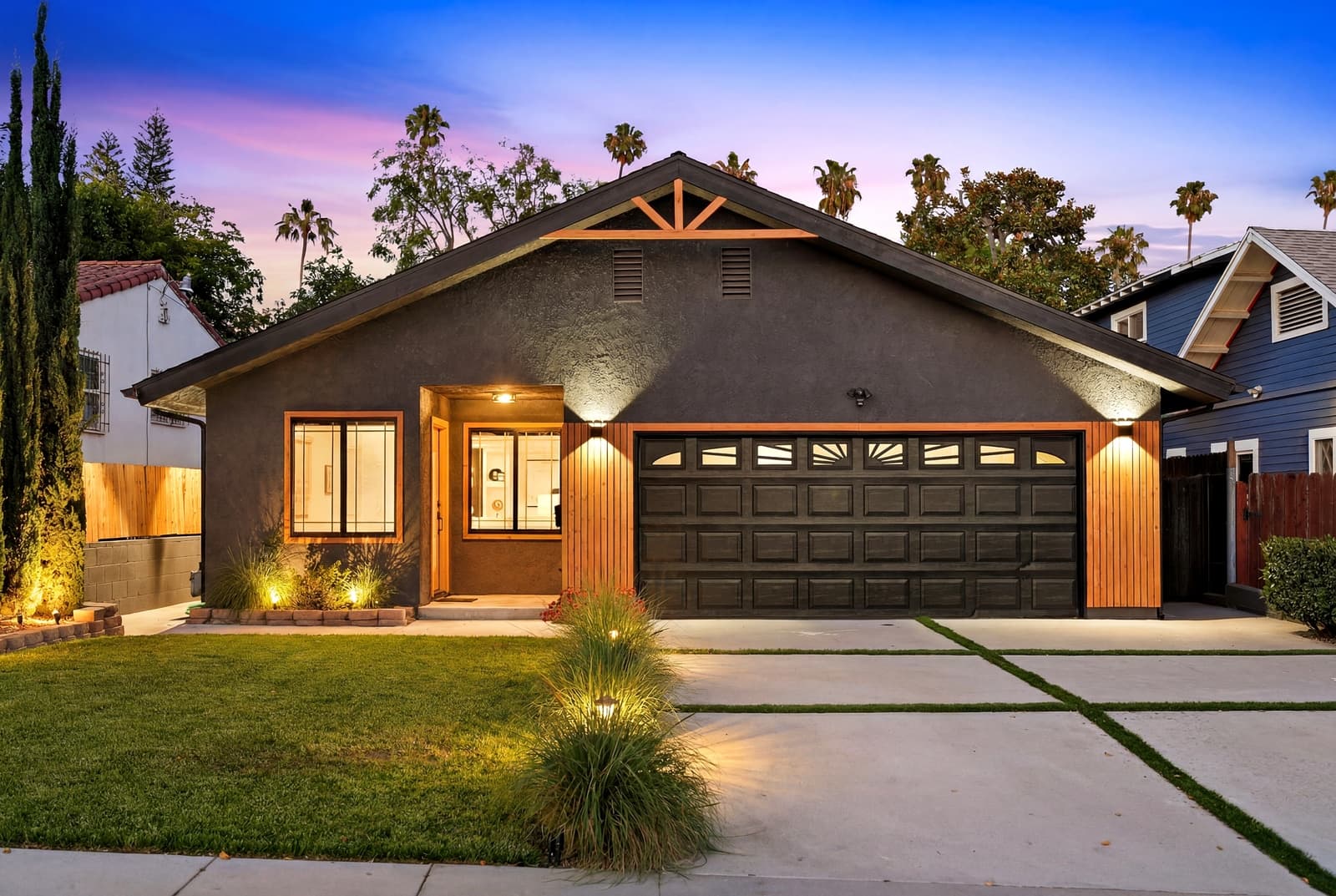 Craftsman at twilight behind a low lawn, Eagle Rock