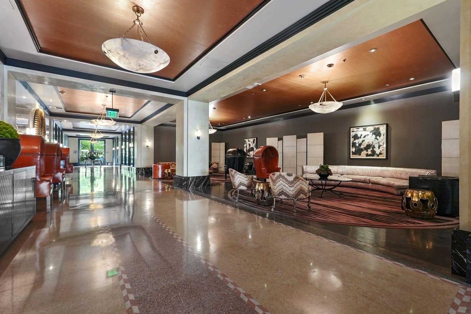 Art deco lobby lounge with a polished terrazzo floor