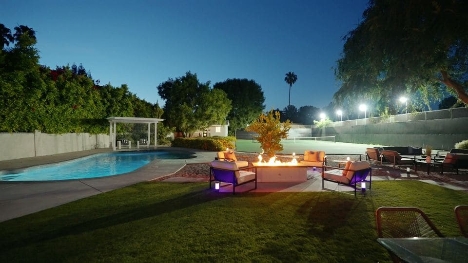 Pool and fire table at dusk in Woodland Hills, from its lifestyle listing film
