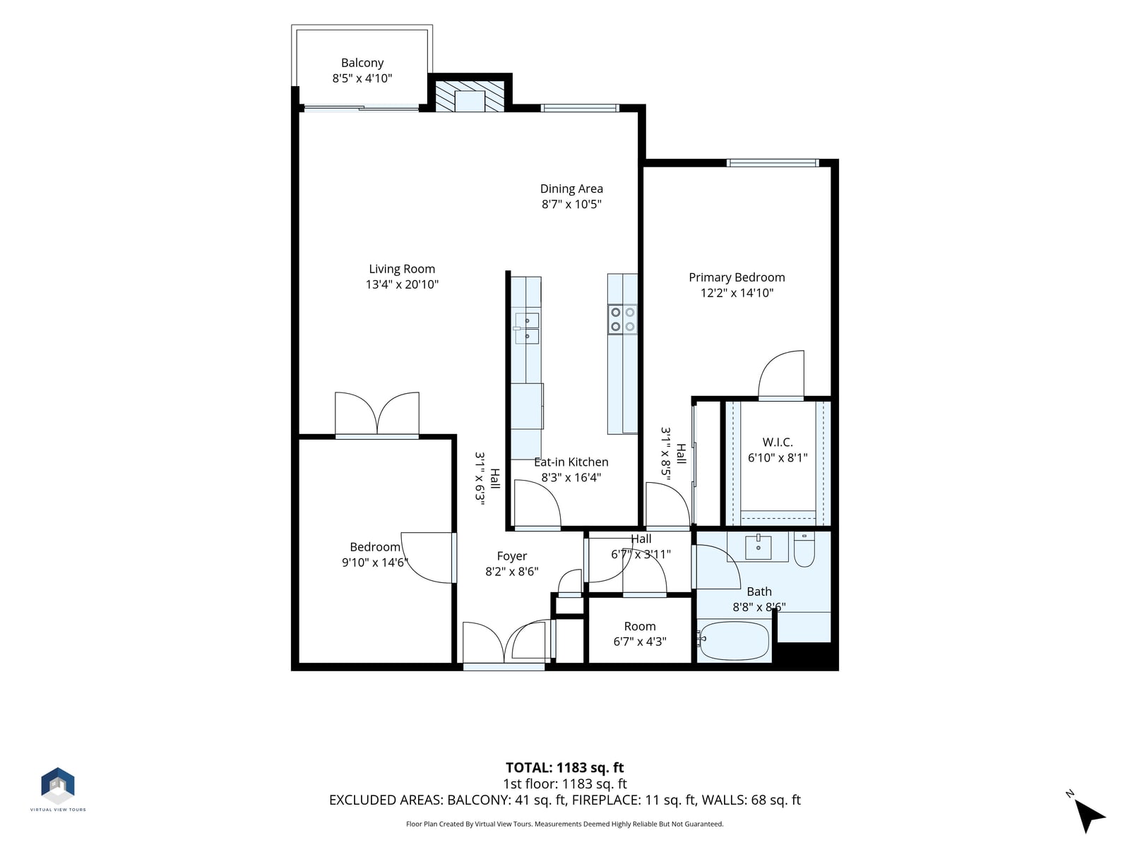 Floor plan of a single-level two-bedroom, one-bath condo with a balcony, drawn with room names and room dimensions