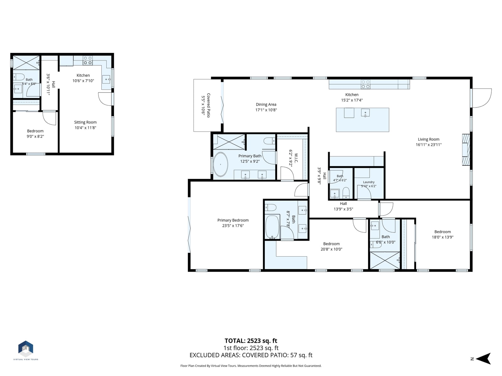 Floor plan of a single-story home with a detached guest house that has its own kitchen and bath, drawn with room names and room dimensions