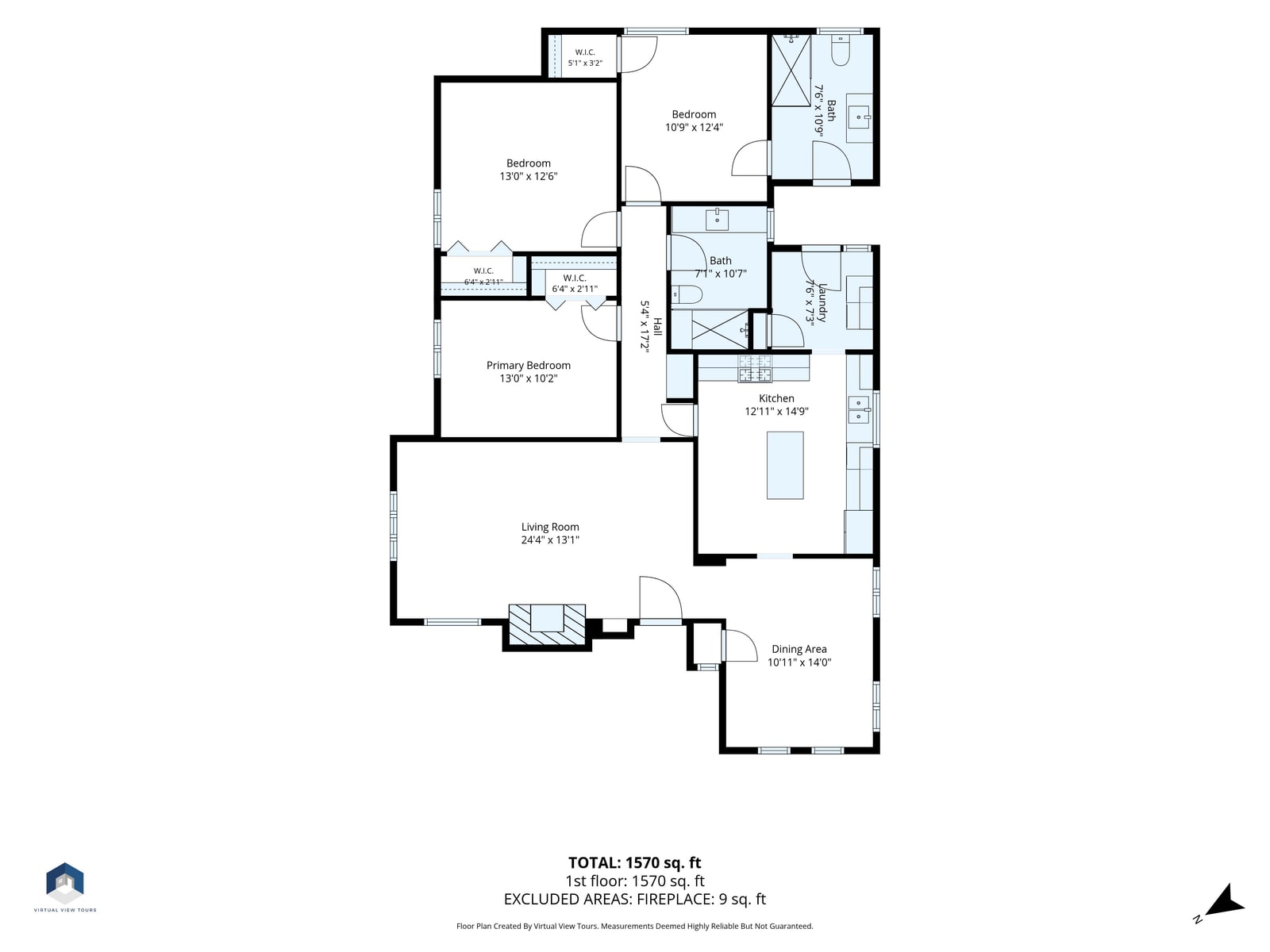 Floor plan of a single-story three-bedroom home, drawn with room names and room dimensions
