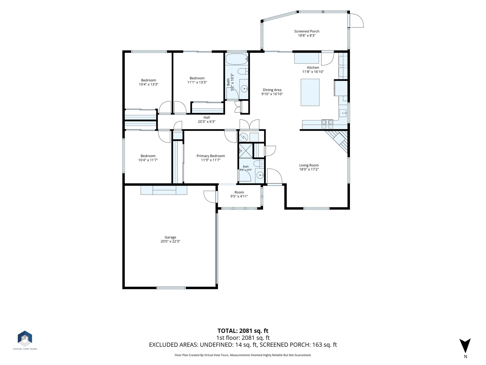 Floor plan of a single-story four-bedroom home with a screened porch and a garage, drawn with room names and room dimensions