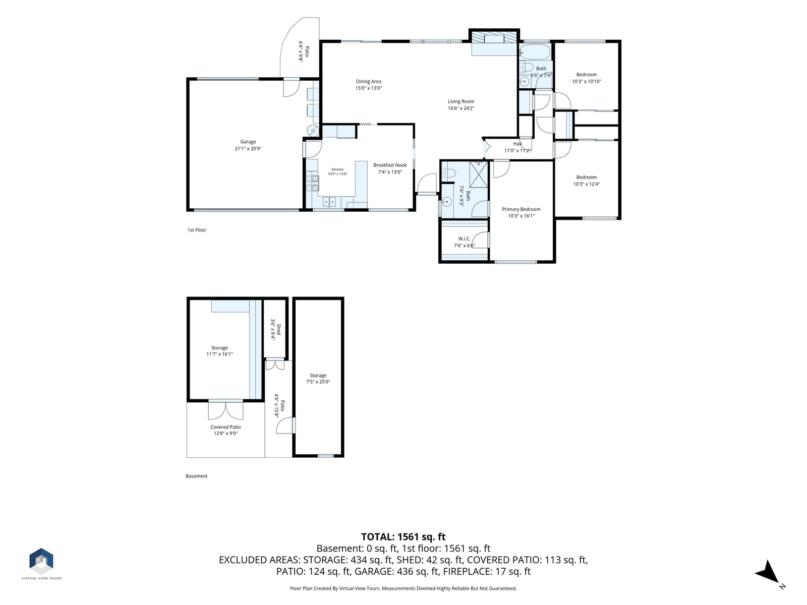 Floor plan of a single-story home with an attached garage and a storage room, drawn with room names and room dimensions