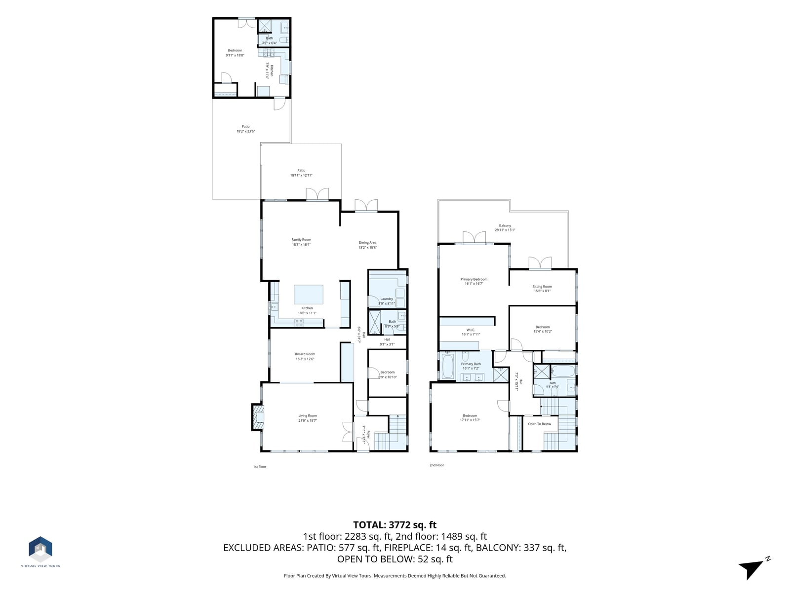 Floor plan of a two-story home with a detached guest suite and patios, both levels drawn with room names and room dimensions