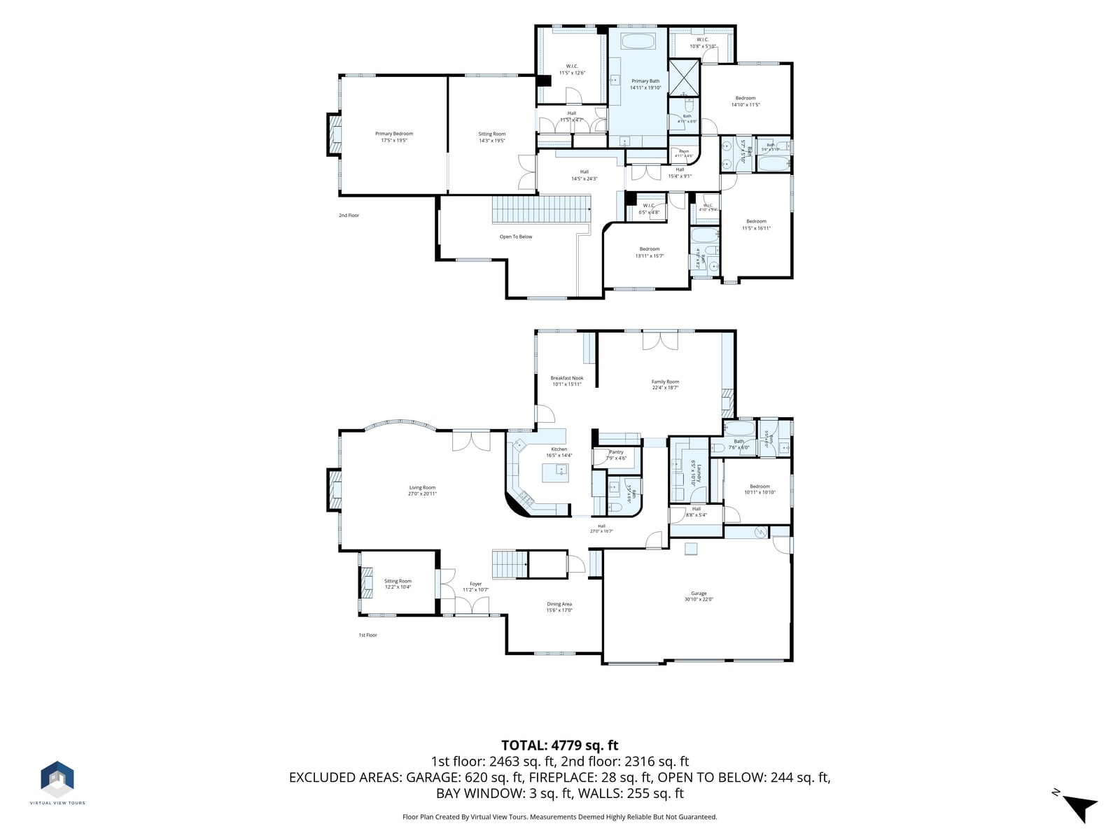 Floor plan of a two-story estate, the largest in this set, both levels drawn with room names and room dimensions