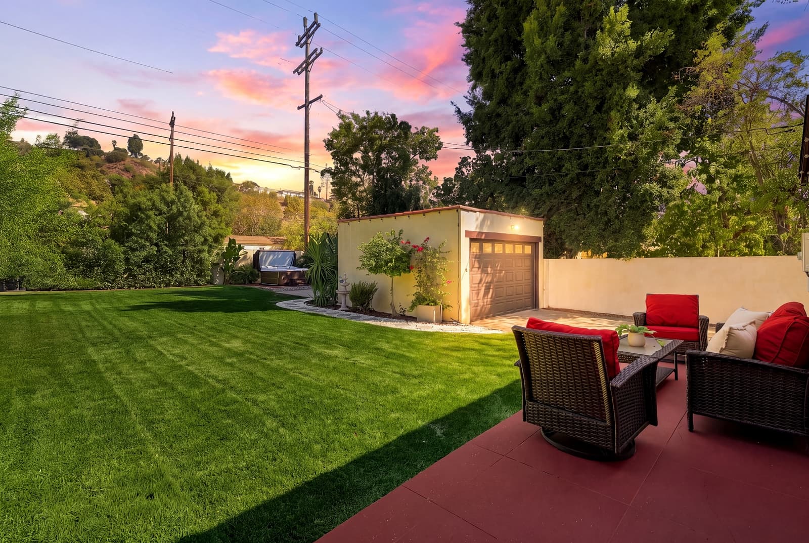 Backyard lawn and casita at twilight, Glendale