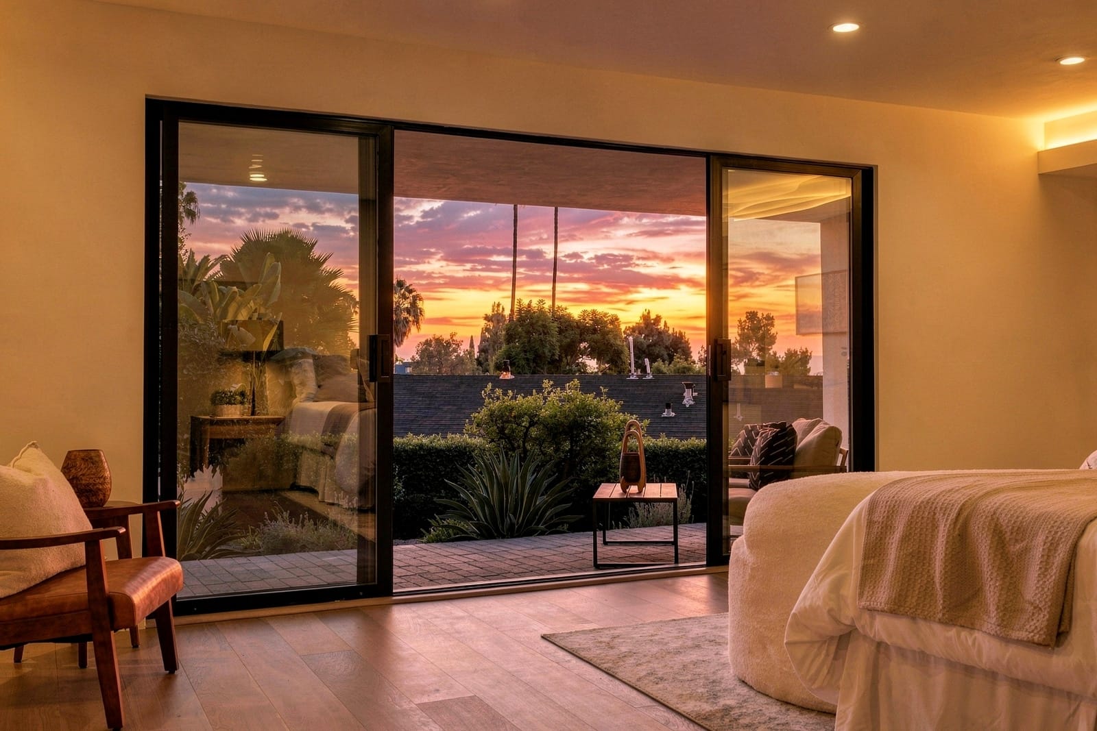 Bedroom sliders open to a sunset over the hills