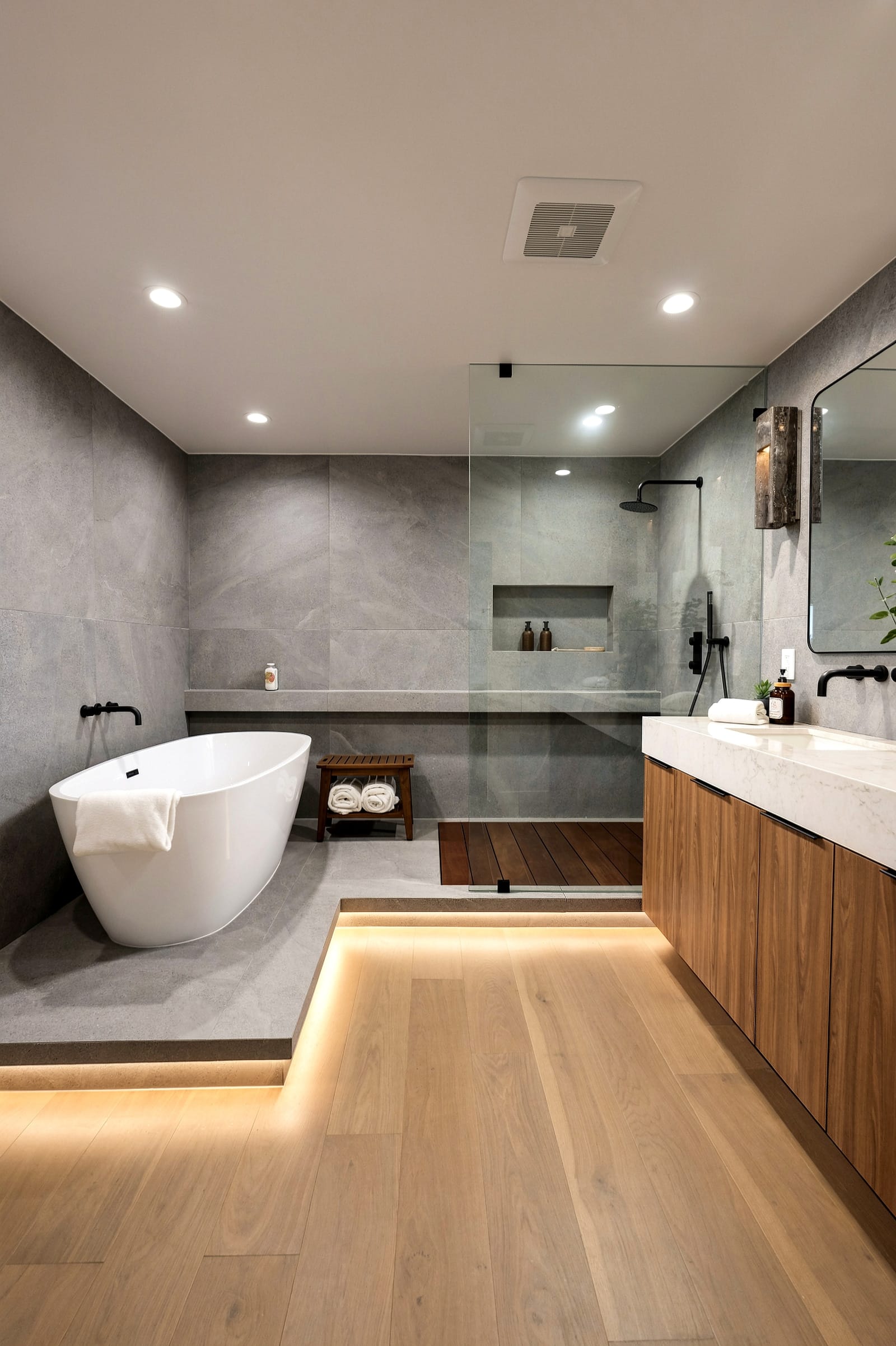 Stone bath with a freestanding tub and a glowing step