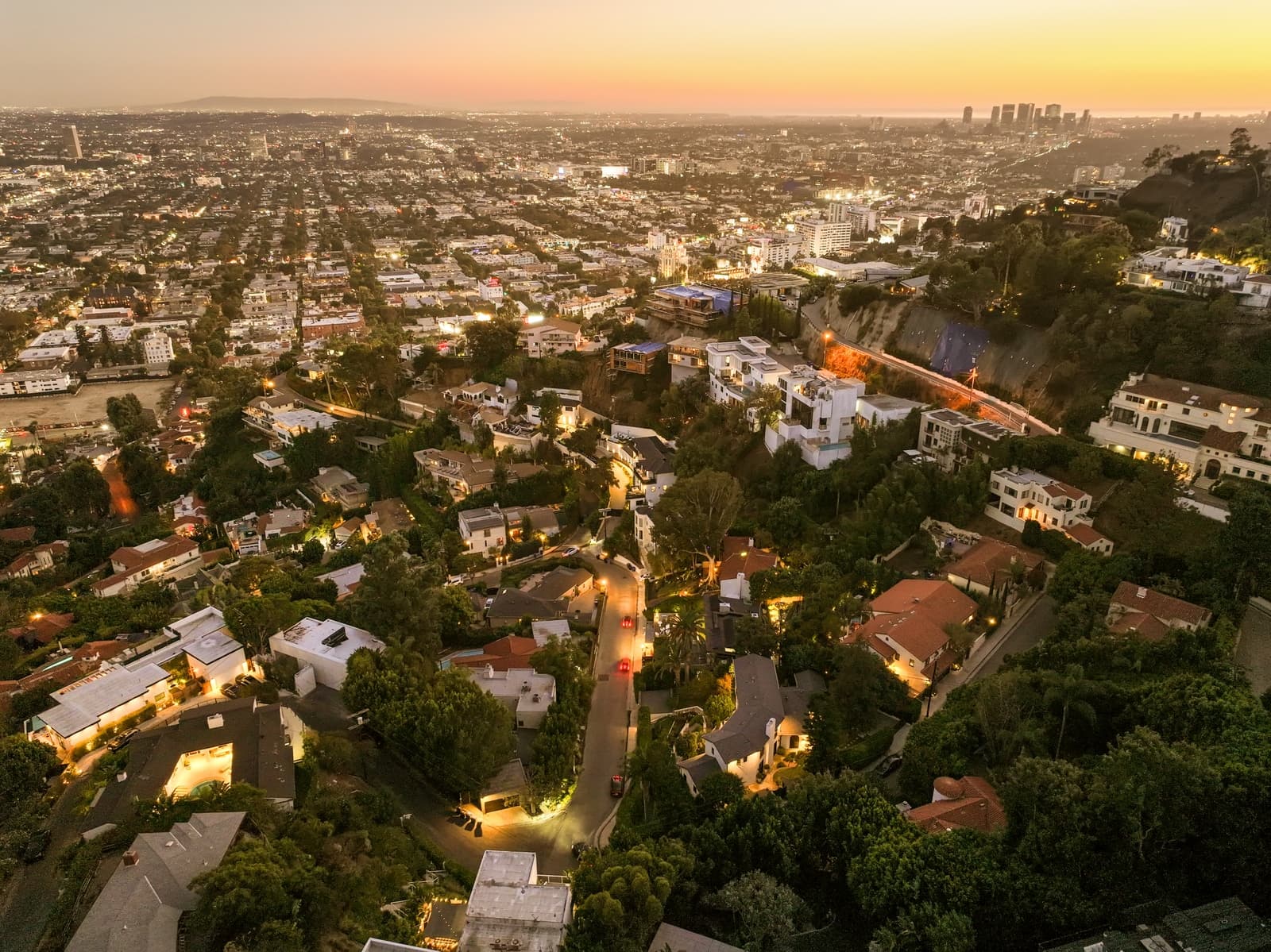 Sunset over the Los Angeles basin from a Hollywood Hills deck