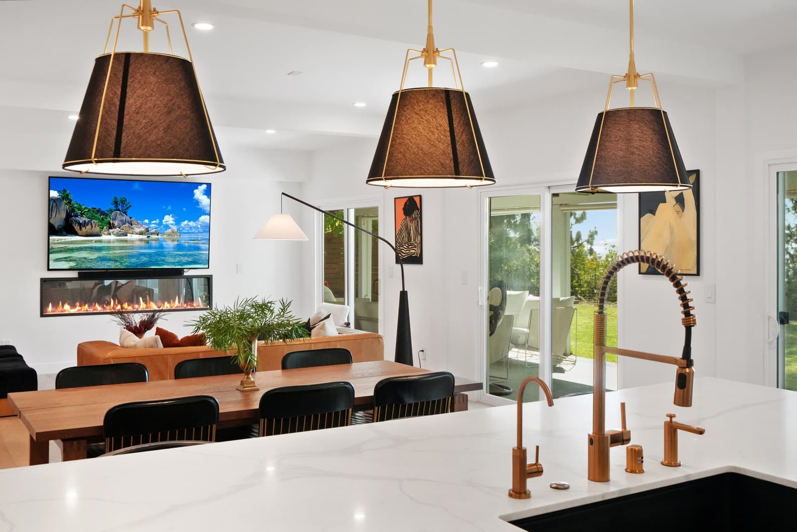 Kitchen pendants looking toward the living room