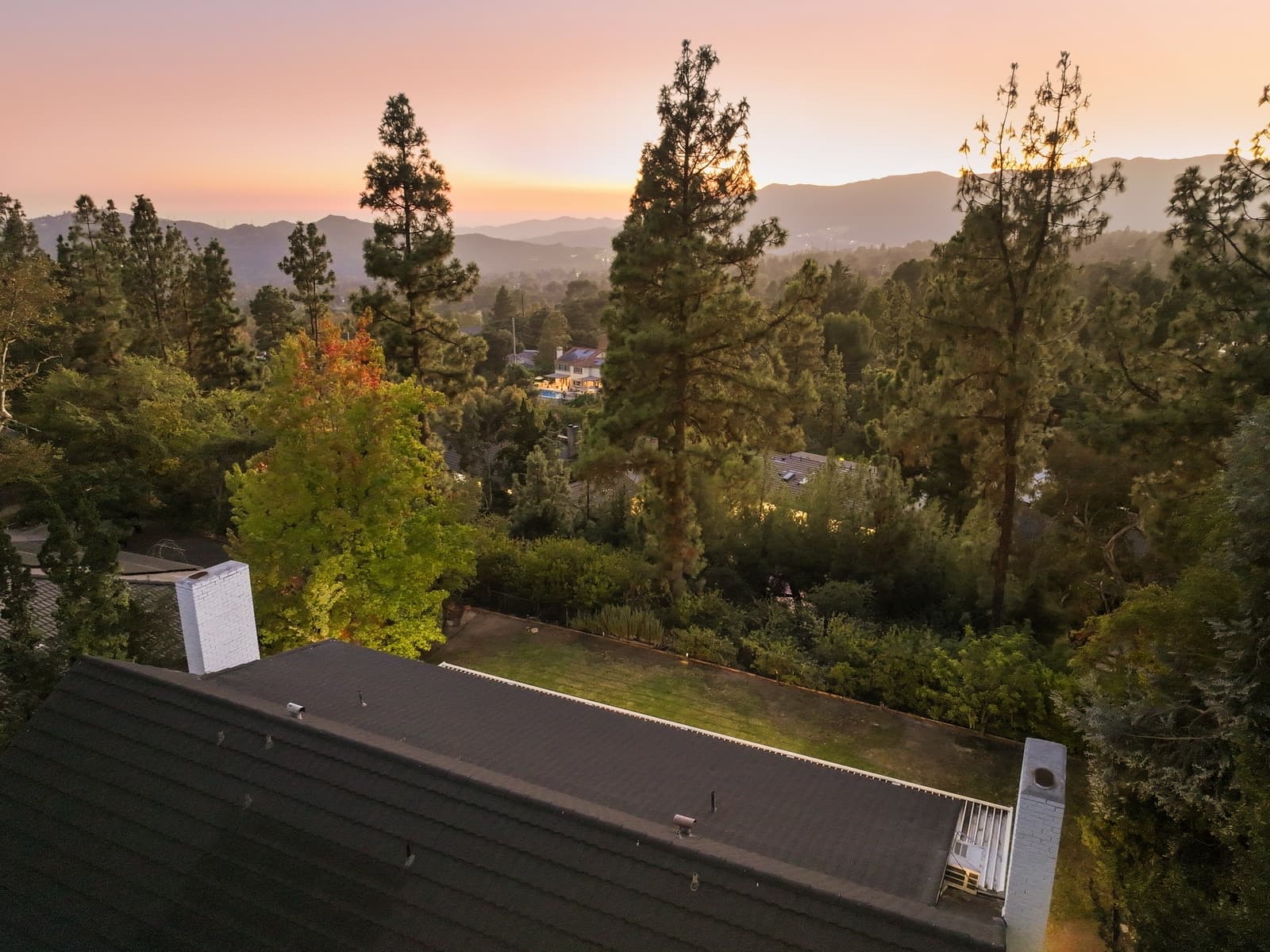 Drone at dusk toward the mountains, La Cañada