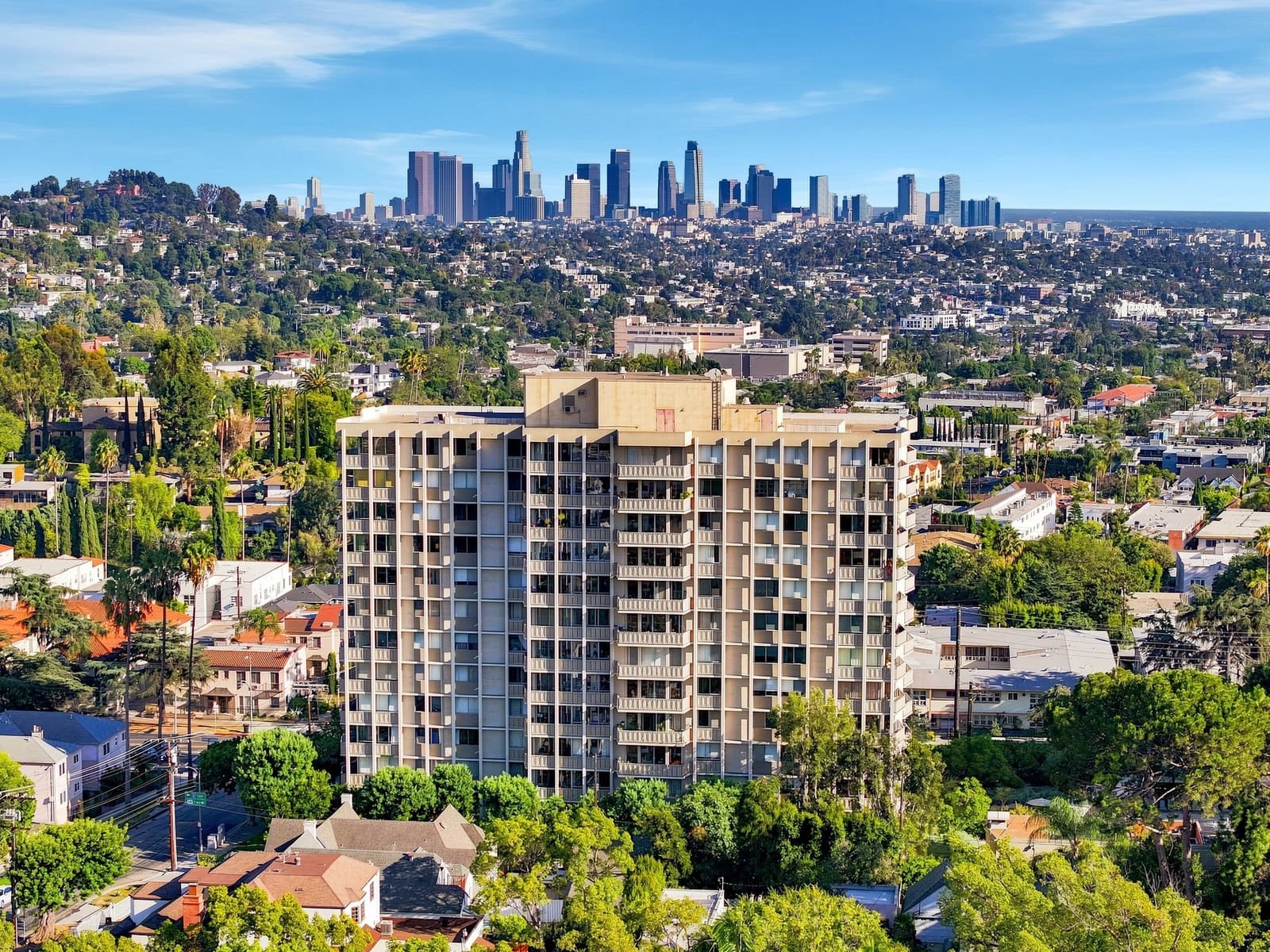 Aerial from Los Feliz toward the downtown skyline