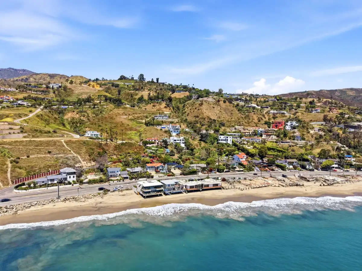 Drone view of the Malibu coast, beach and hills