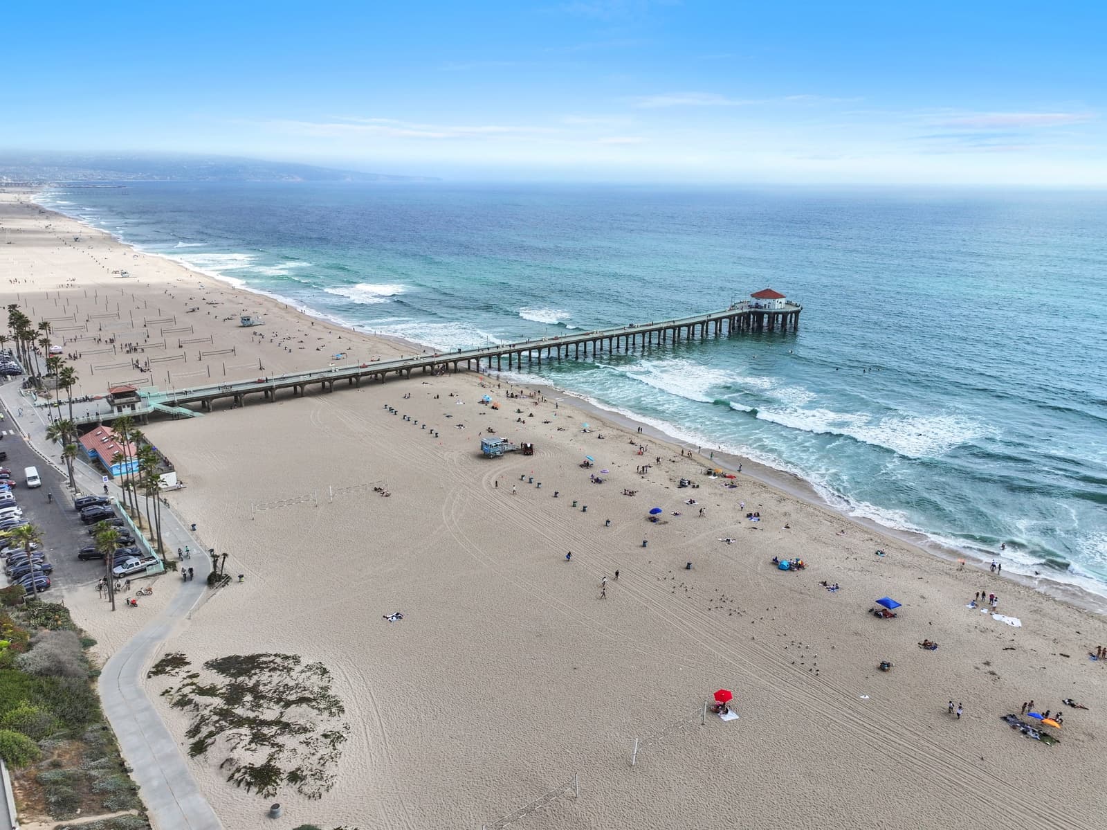 Drone view of the pier and the beach, Manhattan Beach