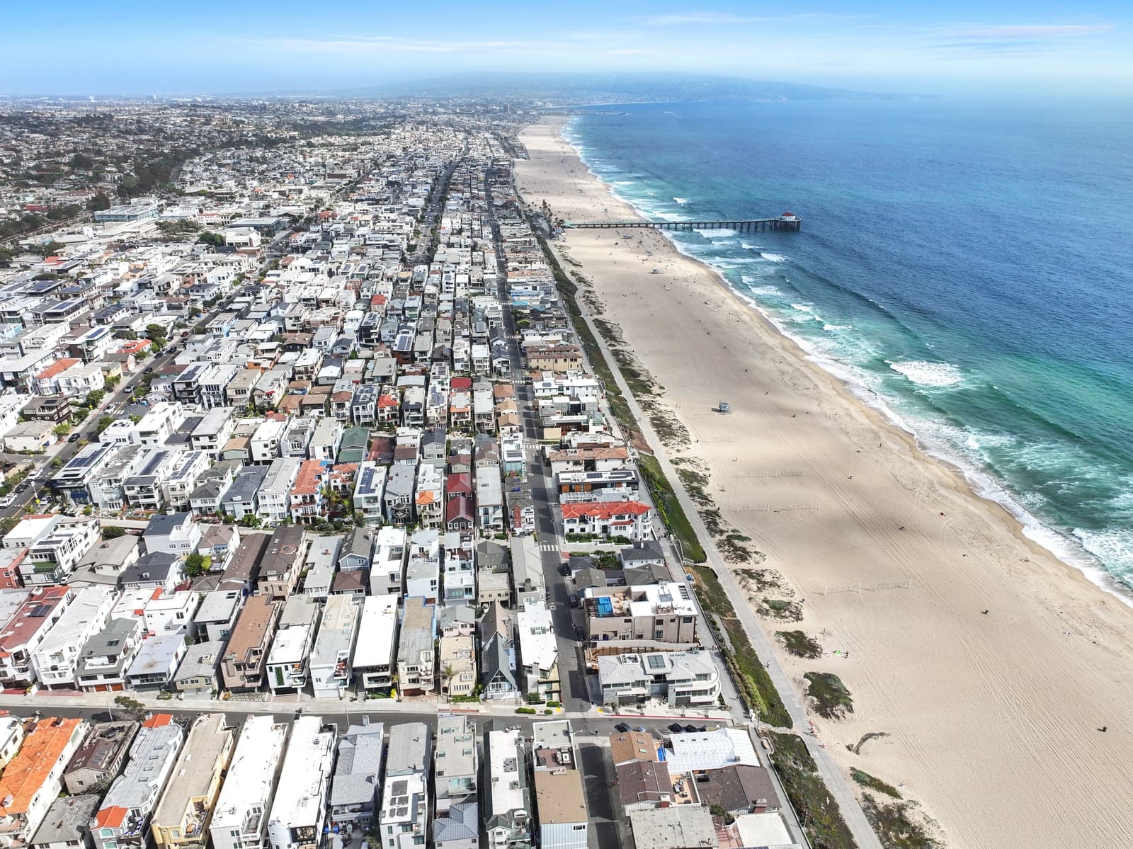 Drone view of the Manhattan Beach pier and coastline