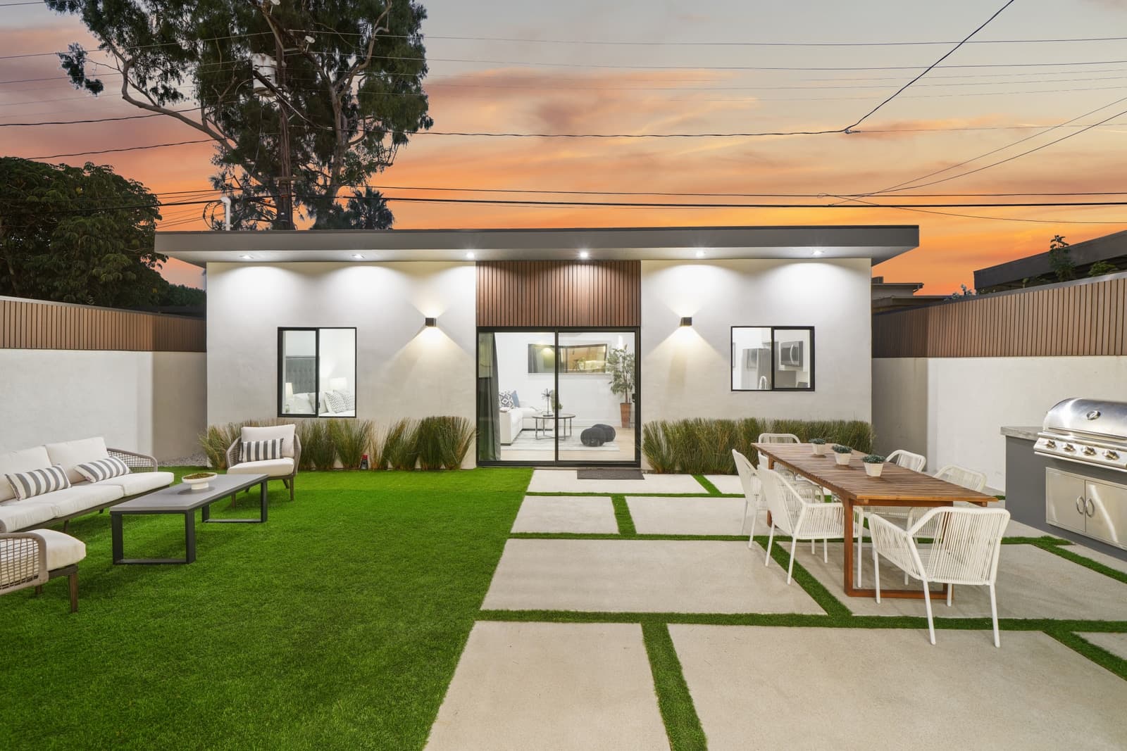 Rear yard and ADU at sunset, turf pavers, Mar Vista