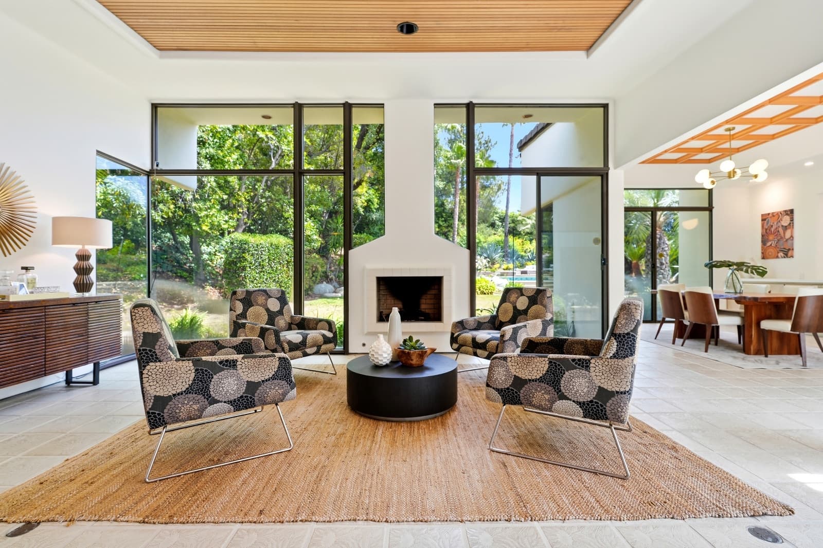 Mid-century living room open to the pool