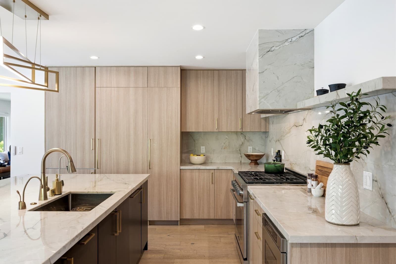 Oak kitchen with a marble range hood, standard listing edit