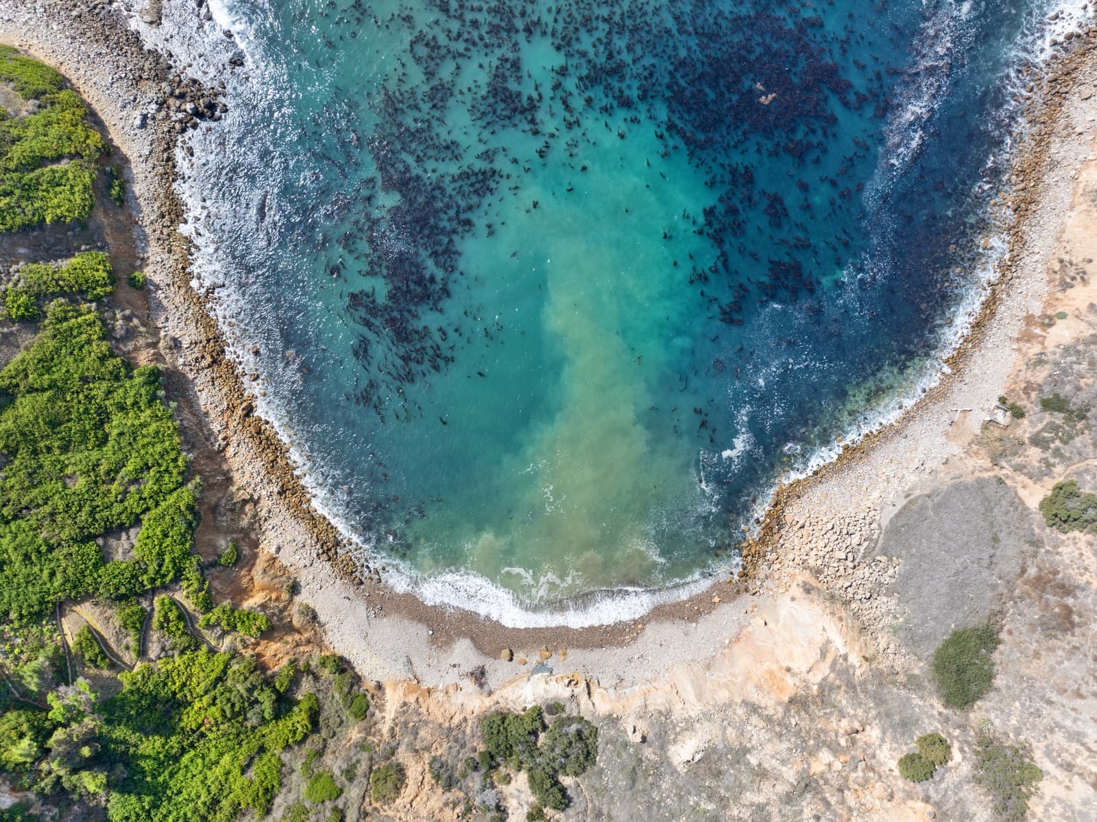 Drone view straight down into a turquoise cove, Palos Verdes