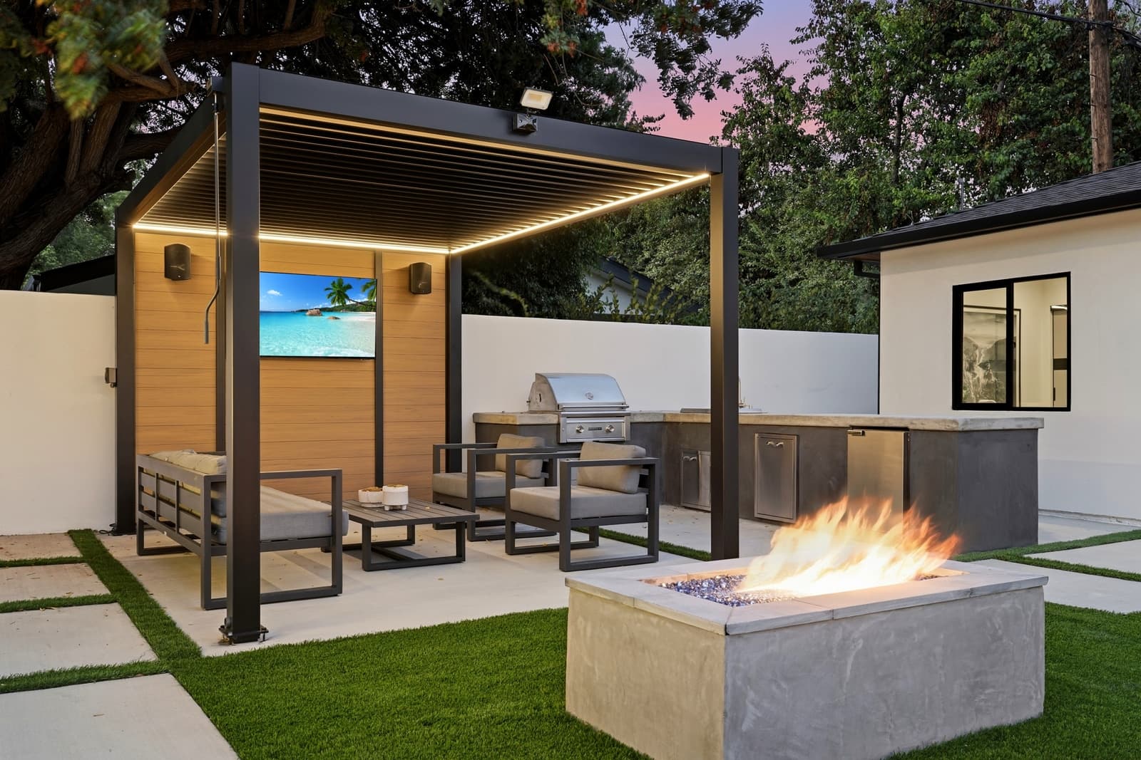 Louvered pergola and fire pit at twilight, Sherman Oaks