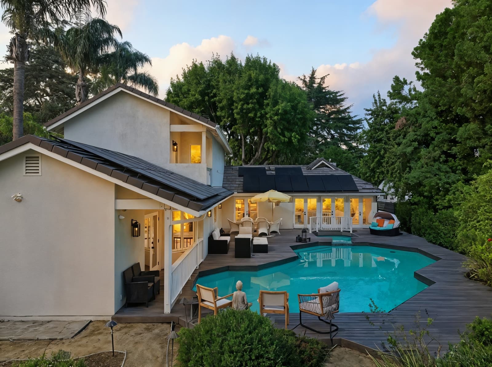 Backyard pool at twilight from above