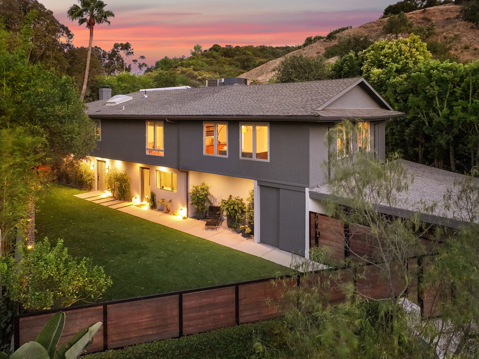 Hillside home at twilight