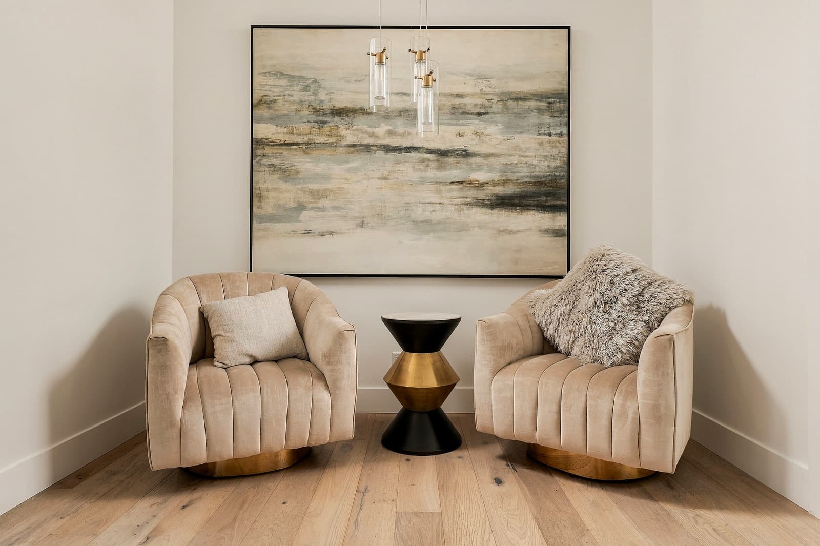 Two velvet swivel chairs under an abstract canvas, in the Signature finish