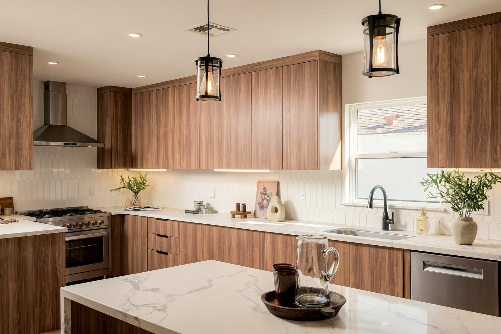 Walnut kitchen with a marble island and pendant lights