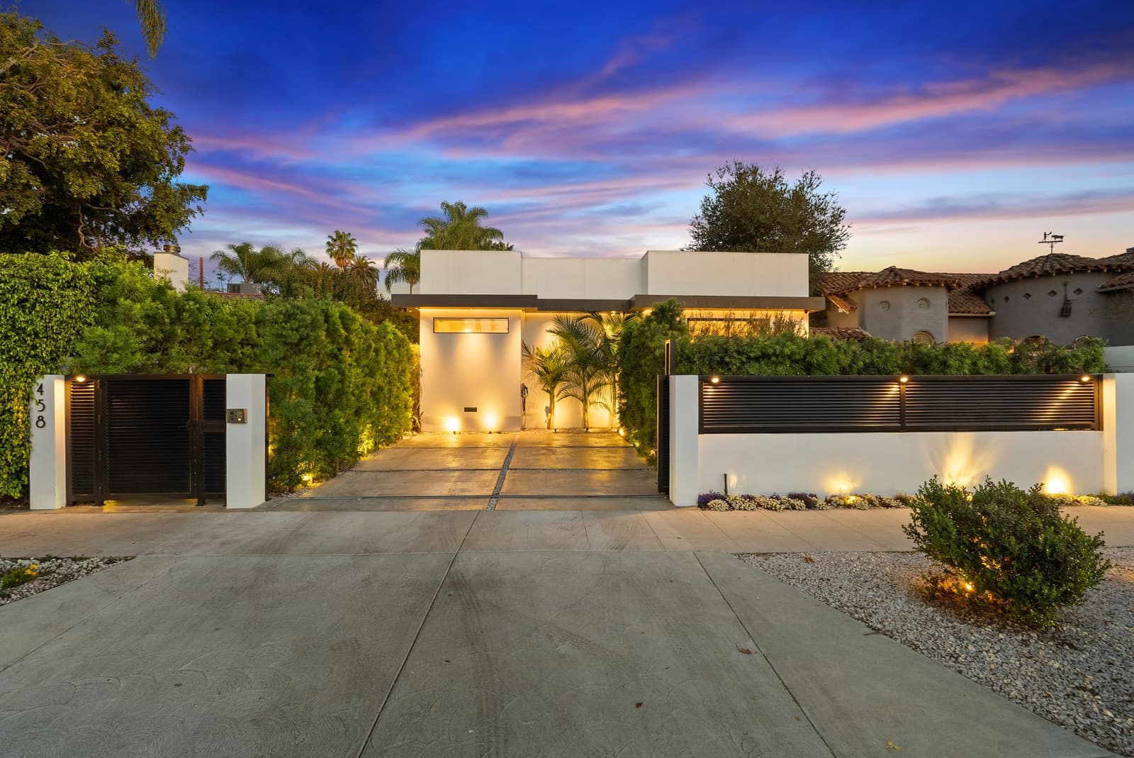 Gated modern at twilight, West Hollywood