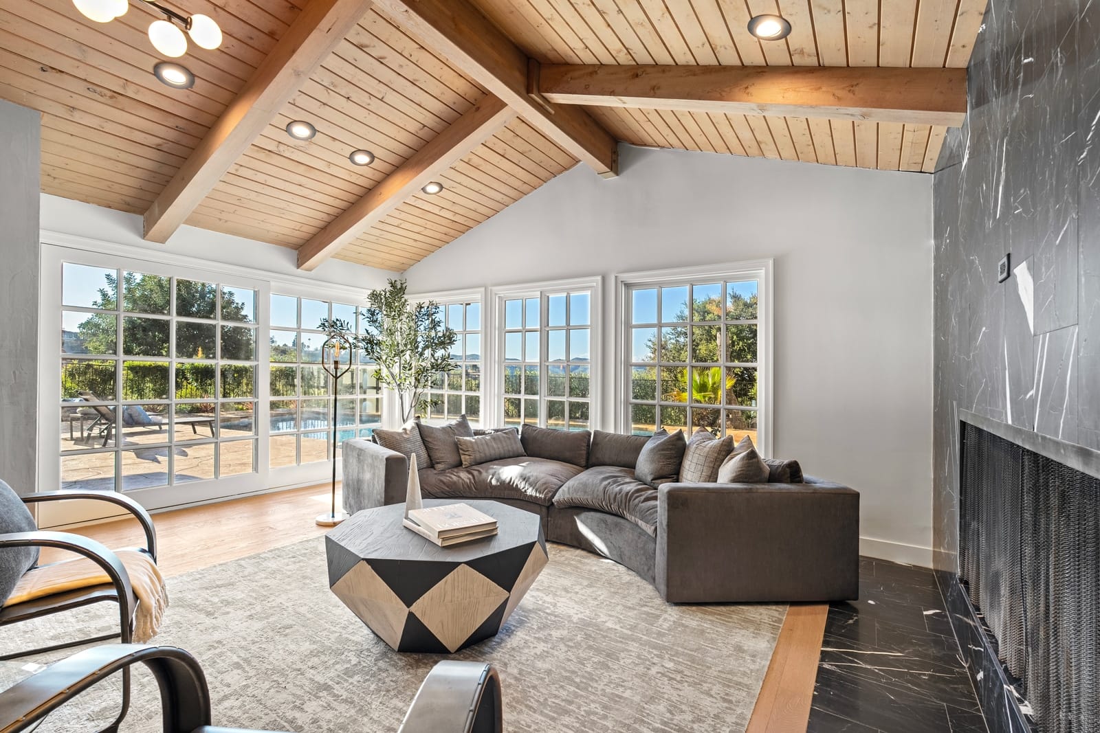 Living room under a vaulted wood-beam ceiling, windows to the view