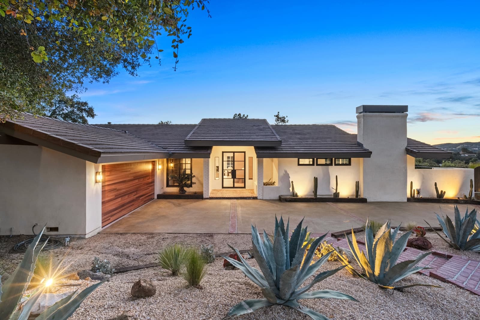 Ranch modern at twilight with agave in the front garden, Westlake Village