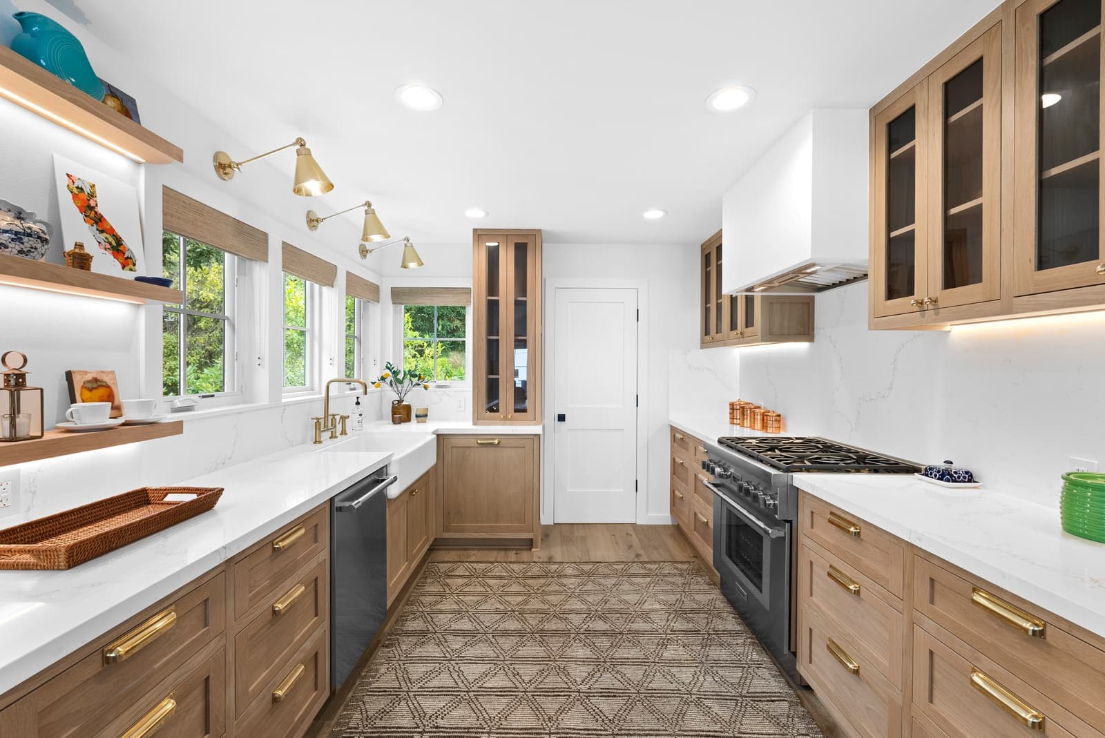 White oak kitchen with a patterned tile floor