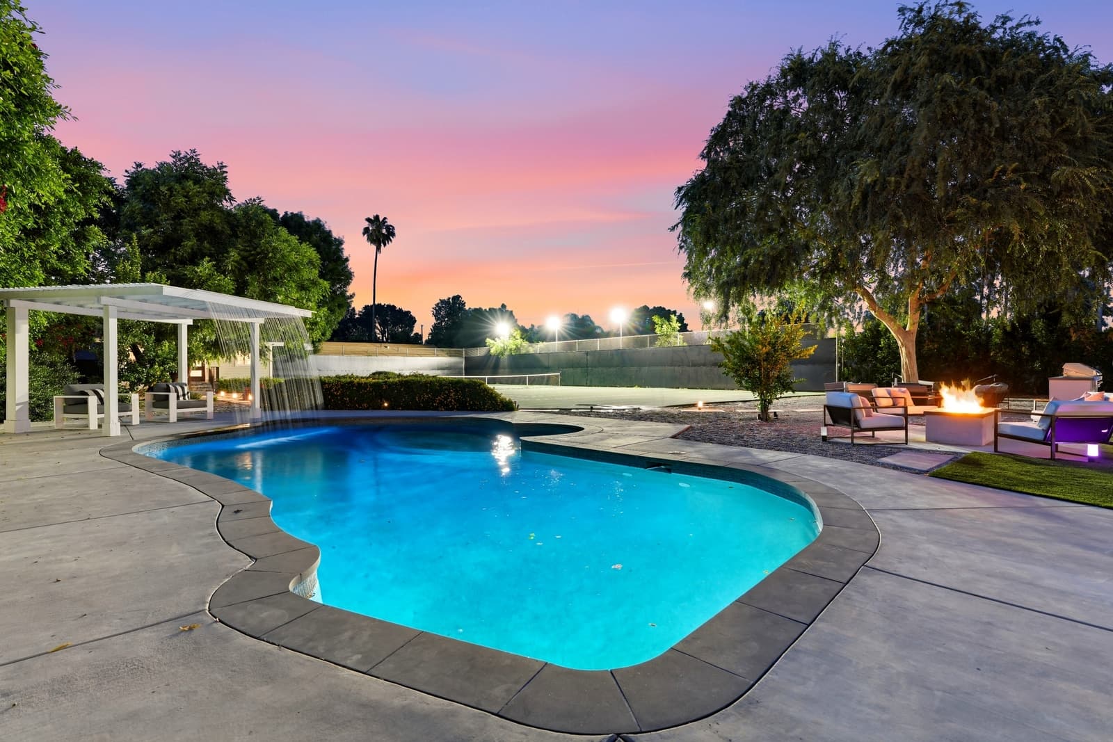 Pool and pergola at twilight, Woodland Hills